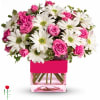 square glass vase, may included white daisies and spray rose with green