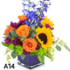 It has sunflowers, orange roses, purple daisy, and blue delphinium