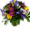 Green hydrangea, orange roses, pink tulips, yellow daisys, Pink carns, lavender cushion