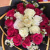This cute arrangement is made of red and white roses 