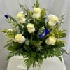 Creamy Mondial Ecuadorian white Roses, light blue Delphinium, yellow Solidago, and blue