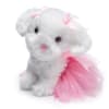 White puppy plush wearing pink tutu and pink bows over the ears.