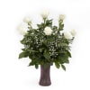 12 Longstem white roses arranged in a pink vase accented with babies