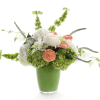This beautiful tall green glass vase is adorned with the following flowers: