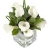 Elegant calla lilies nestled in lush greenery arranged in a sleek vase