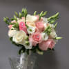 pink and white roses and licianthus white with  diamonds 