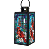 Black metal lantern with stained-glass cardinal and white flowers in bright jewel tones.