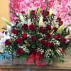 36 Red Roses with 4 Stems of Pink Lillies with Gold Ruscus