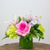 Pink Roses, Green Hydrangea, Spider Mum, Lily, Stock. Flowers and containers availability