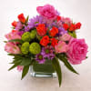 A vibrant and cheerful floral arrangement featuring a mix of pink and
