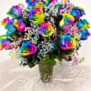 A vibrant and eye-catching bouquet featuring two dozen premium rainbow roses, each