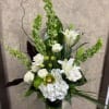 Recipe: White Roses, White Asiatic Lily, Green Cymbidium Orchid, White Hydrangeas, Bells