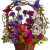 Spring garden in a basket with dancing butterflies and assorted spring flowers.