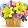 Celebrate Easter with this springtime floral basket with Yellow Asiatic Lilies, Pink
