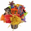 Candy bouquet in a striped container with a large gold bow