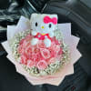 Pink toned bouquet with kitty plushie, pink roses, pink carnations &amp; baby