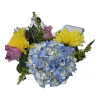 Bouquet of blue hydrangeas with yellow chrysanthemums and pink roses