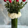 One Dozen long stem Red Roses, White hydrangea,   
(Deluxe size