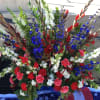 Brilliant red, white, and blue flowers in a fan shaped spray design.