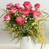 12 Bright Pink Roses and Yellow mimosa flowers symbolize sunshine, joy, friendship