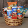 Basket filled with assorted snack bags and canisters