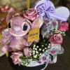 Pink rose bouquet with a Stitch plush and lavender ribbon