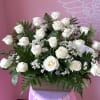 White roses arranged in a wooden box with baby's breath