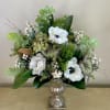 Permanent white and green Silk arrangement in a Classic Silver Urn. High