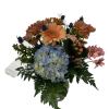 Bouquet with blue hydrangea, peach gerbera daisies, and pink flowers