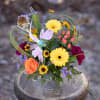 Mixed bouquet with yellow daisies, orange rose, and purple accents in a metal container