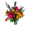 
Purple larkspur, hot pink gerbera daisies, orange roses, tulips, daffodils and yellow