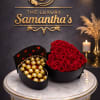 Two-in-one heart-shaped surprise box featuring luxurious red roses and Ferrero Rocher chocolates