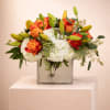 Low glass vase arrangement with orange roses, white hydrangeas, and green lily buds.