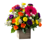 Colorful summer flowers arranged in a rustic wooden box