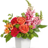  CLEAR CUBE WITH ROSES, SNAPDRAGONS, ALSTROMERIA AND 
CARNATIONS