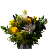 Mixed bouquet of yellow, white, and purple flowers in a textured vase