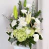A graceful basket arrangement featuring elegant white blooms and soft green hydrangeas