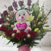 BOX WITH 12 ROSES RED OR MIX COLORS AND TEDDYBEAR 12" AND