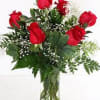 A beautiful assortment of 6 red roses with baby's breath and greens.