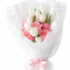 A charming bouquet featuring a soft pink roses, 10 elegant, white tulips