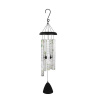 Black hanging wind chime with silver tubes and a bell-shaped weight