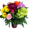 Colorful bouquet in a purple vase with roses, tulips, hydrangea, and daisies