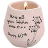 Pink candle holder with a lit candle and birthday message