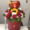 tall box with roses, carnations, sunflower, balloon