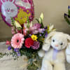 Mixed bouquet in vase bundle. To include balloon and stuffed bunny