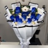 Beautiful arrangement with blue roses, teddy bear in the center, Ferrero Rocher