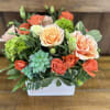 A stunning arrangement featuring soft peach roses nestled among lush green hydrangea