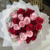 Bouquet of red and pink roses wrapped in white paper
