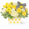 Yellow roses, yellow tulips, yellow mini carnations, yellow gerbera daisies, white lisianthus