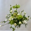Mums, Lisianthus,  Anthurium with greens in a vase 